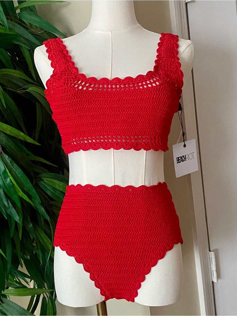 Beach Riot Bright Red Crochet Bandeau Bikini Set with Scallop Edges